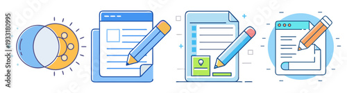 Colorful office productivity and planning vector icon pack, flat design editable scalable illustration