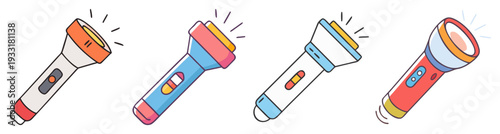 Set of four colorful flashlights shining bright vector illustration, flat design icon pack for apps and web