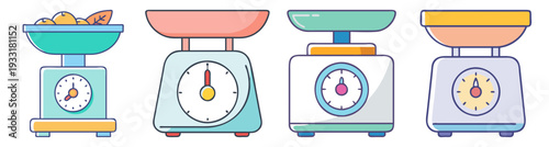Set of colorful kitchen food weighing scales vector illustration, flat design icons for diet, cooking, and nutrition apps