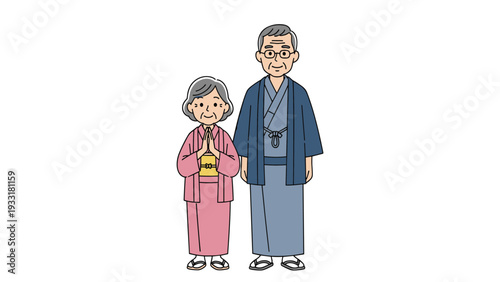 Senior Japanese couple standing together wearing traditional yukata or kimono robes for a cultural festival or formal ceremony.