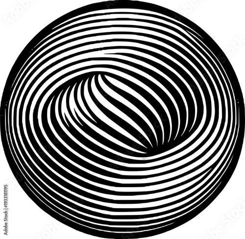 Optical Illusion Sphere: An intriguing display of optical illusion, featuring a captivating sphere composed of swirling black and white lines, creating a mesmerizing effect.