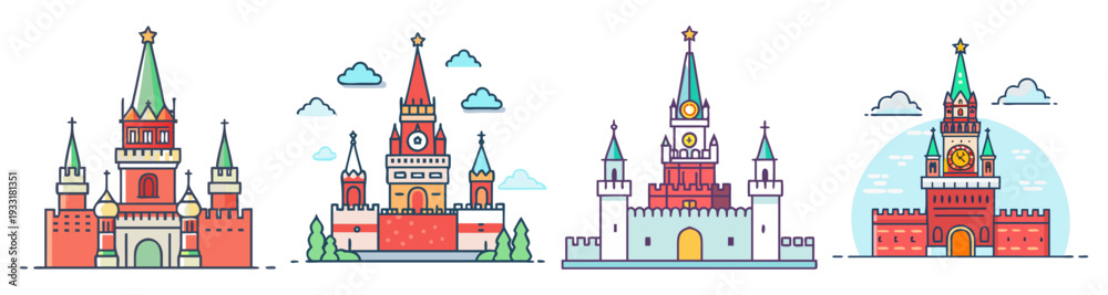 Naklejka premium Russian Kremlin architecture icon pack flat design vector illustration set with towers and domes in winter landscape