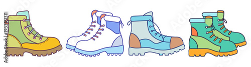 Set of colorful hiking boots vector illustration flat design icon pack for outdoor adventure and travel