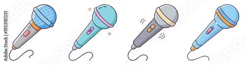 Colorful karaoke microphones set with sound waves flat design vector illustration icon pack