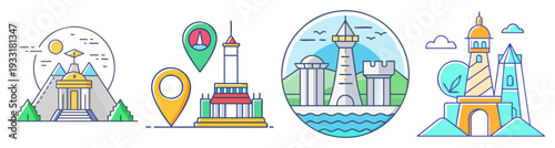 World landmark icons pack flat design vector illustration set with famous buildings and travel symbols