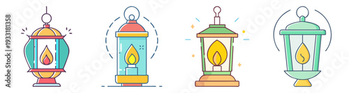 Colorful lantern icons set with flame glow flat design vector illustration scalable graphic