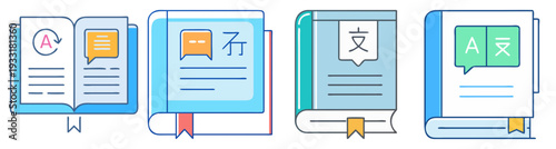 Colorful language learning and education icon pack flat design vector illustration set with books, speech bubbles, and global communication symbols