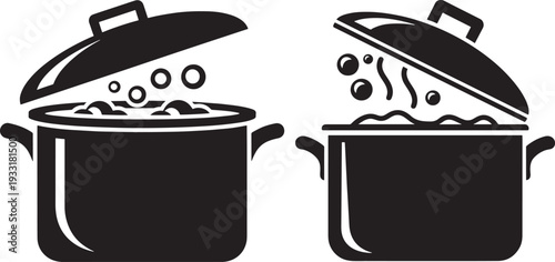 Boiling Cooking Pots with Lids and Bubbles Representing Delicious Hot Food Preparation Vector Icons