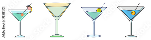 Set of four colorful martini glasses with olives and citrus garnish flat design vector illustration