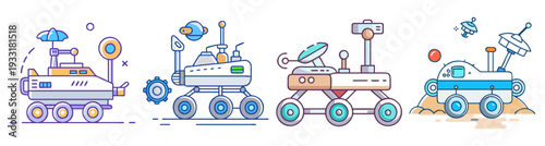 Mars rover space exploration robots flat design vector icon pack set isolated on white background illustration