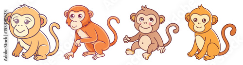 Cute cartoon monkeys hanging and playing vector illustration flat design icon pack set scalable graphic