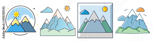 Mountain landscape weather icons set with sun, clouds, rain, and snow vector illustration flat design