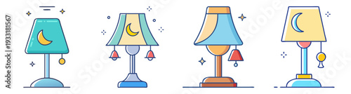 Set of four colorful night lamps with tassels vector illustration flat design icon pack