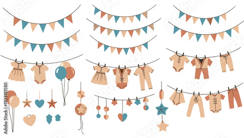 Assorted baby shower decorations and infant clothing hanging on lines with heart and star shapes for a celebratory party theme.