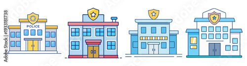 Modern police station buildings icon pack flat design vector illustration scalable graphic set