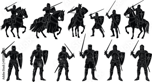 Medieval knight silhouette collection featuring armored warriors with swords and shields on horseback and standing isolated on white background set.