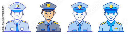 Police officer set flat design vector illustration, four diverse law enforcement characters in uniform, badge, hat, scalable graphic icons for apps and web