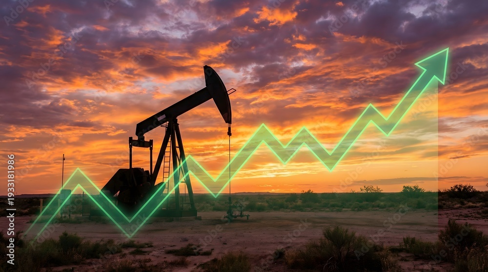 Fototapeta premium A pumpjack's silhouette is stark against a vibrant golden hour sky as a semi-transparent green rising line graph is overlaid, showcasing an oil rig's landscape in a realistic, detailed environment