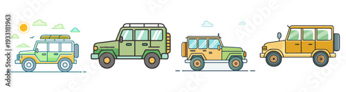 Colorful safari jeep vehicles off-road adventure travel vector illustration flat design icon pack