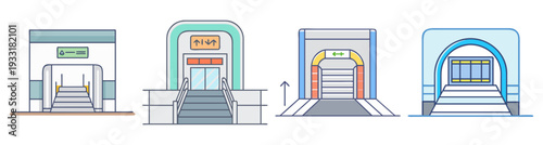 Modern subway entrance icons set with escalator, turnstile, and train station flat design vector illustration