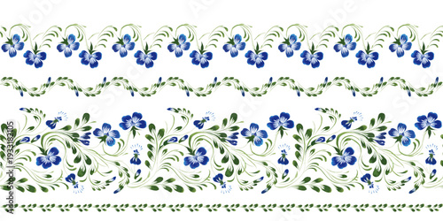 Vector floral seamless border pattern from hand painted blue forget-me-not flowers on a white background. 4 pattern brushes in the brush palette