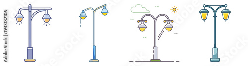 Modern street light icons with hanging lanterns and banners vector illustration flat design scalable graphic