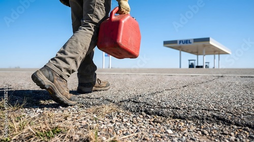 Person walks along highway shoulder, carefully carrying bright red fuel can towards distant gas station prominent canopy, set against clear blue sky sharp foreground details, capturing travel moment