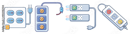Modern surge protector and power strip icons with devices flat design vector illustration