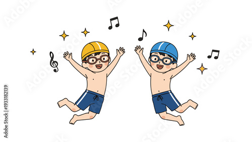 Two cheerful boys wearing swim caps and goggles jumping excitedly while music notes and stars float around them in a pool setting.