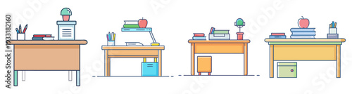 Teacher's Desk School Supplies Classroom Education Flat Design Vector Illustration Icon Pack