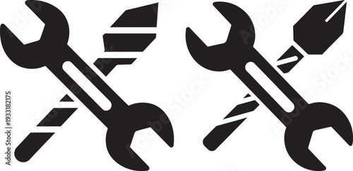 Wrench and screwdriver icons, black and white silhouette, symbolizing tools, repair, construction, and DIY projects.