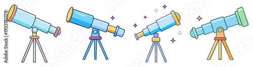 Set of colorful telescope icons on tripods observing stars and planets flat design vector illustration