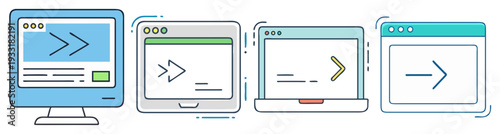 Modern computer terminal icons set with commands and arrows flat design vector illustration