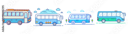 Colorful tourist buses and travel vehicles flat design vector illustration icon pack set isolated on white background