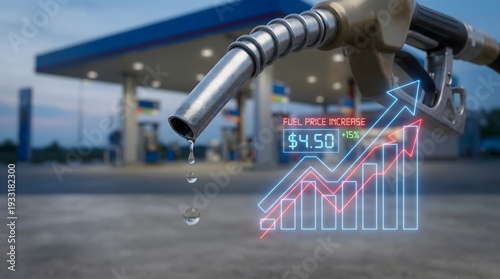 A fuel pump nozzle drips petrol at a busy gas station while a dynamic motion graphics visualization displays a rising graph, illustrating a price increase in petroleum energy costs in real-time