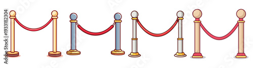 Exclusive VIP entrance queue barrier with red velvet ropes and golden poles flat design vector illustration