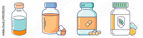 Set of colorful vitamin supplement bottles with pills and capsules flat design vector illustration