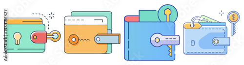 Security and finance flat design vector icon pack with wallet, keys, lock, and cloud storage symbols illustration