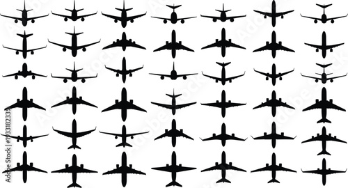 Commercial airplane silhouette collection featuring various passenger jet aircraft and flight views isolated on white background for aviation and travel designs.