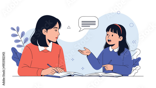 Female teacher or tutor explaining a lesson to a young student during a private study session or classroom activity at a desk.