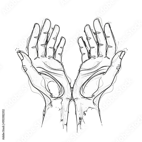 Sketch of Two Open Hands Raised in Prayer or Offering Gesture.