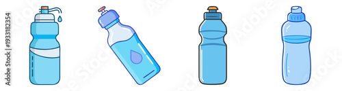 Set of four reusable water bottles with caps vector illustration, flat design eco-friendly hydration icons pack