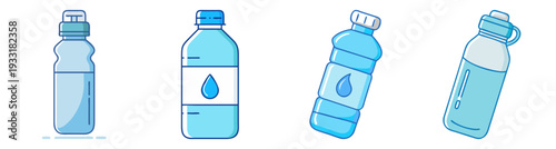 Set of four reusable water bottles with drop design vector illustration, flat icon pack, hydration theme scalable graphic