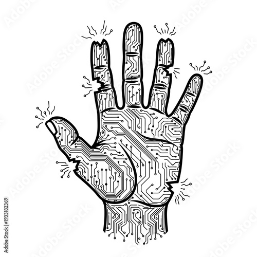Illustrated circuit hand design featuring digital circuitry patterns and palm line motifs.