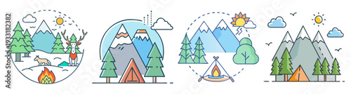 Camping adventure and wilderness survival flat design vector illustration icon pack with tents, trees, and nature elements
