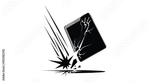 Black tablet device falling and smashing onto the floor with a large crack across the screen symbolizing accidental damage and impact.