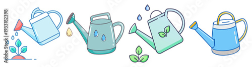 Set of colorful watering cans with plants and flowers flat design vector illustration icon pack