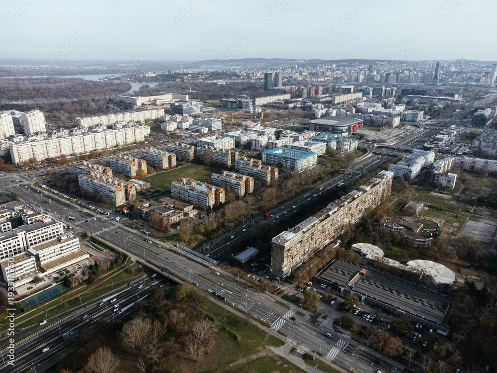 Obraz premium Drone view of Belgrade city, New Belgrade district.