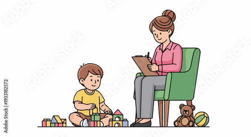 Child psychologist observing boy playing with blocks during therapy session