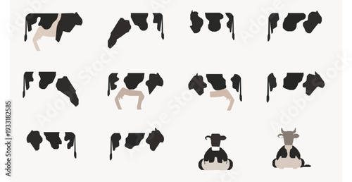 Flat Cow Icon Set Isolated on White Background Farm Animal Vector Collection